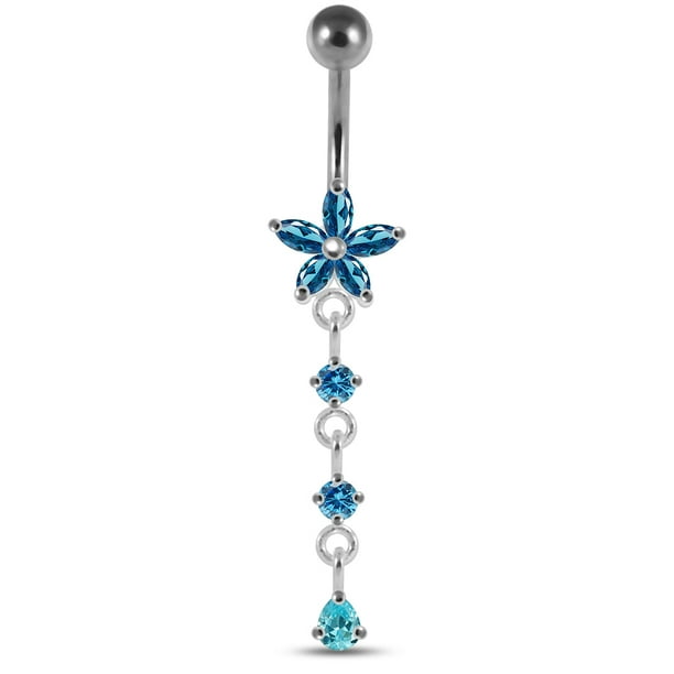 CZ Stone Flower with Round and Teardrop Dangling Sterling Silver Belly Button Piercing Ring Jewelry CZ Stone Flower with Round and Teardrop Dangling Sterling Silver Belly Button Piercing Ring Jewelry